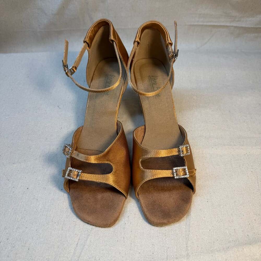 Very Fine 1620 Ballroom Dance Shoes Dark Tan Satin Size 7.5